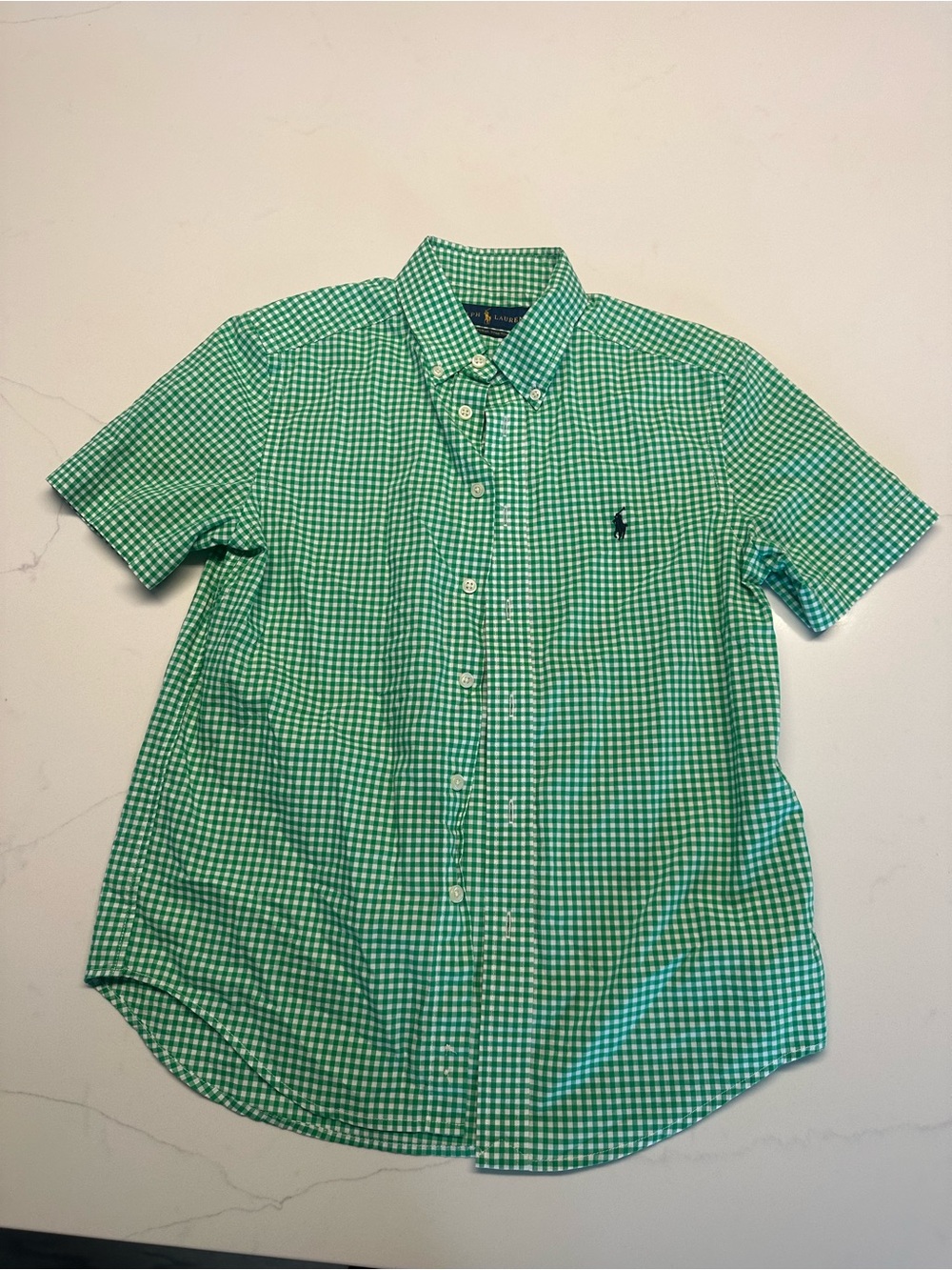 Ralph Lauren Green Gingham Short-Sleeve Button-Down Shirt Size 10-12